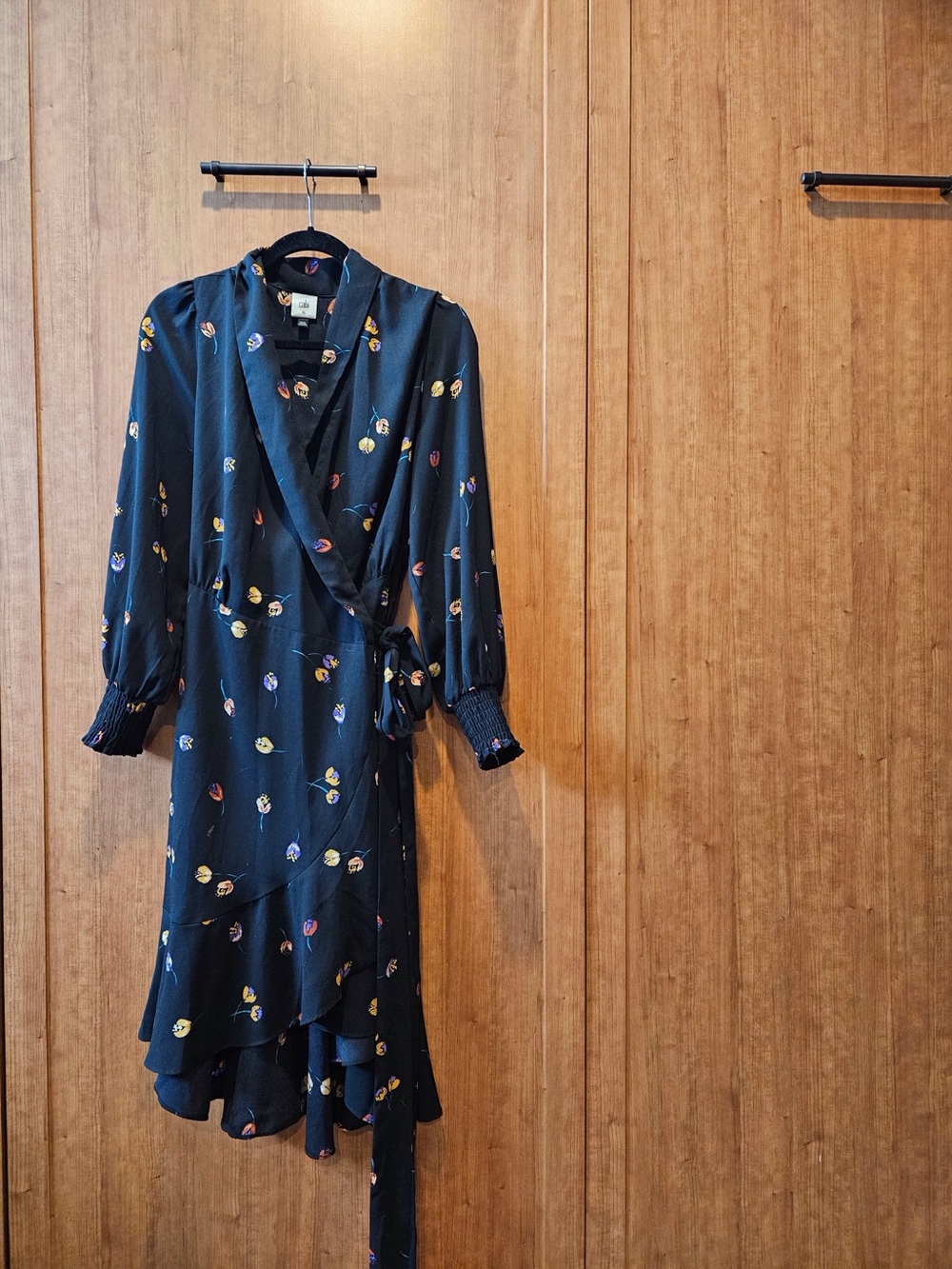CAbi Black Floral Wrap Midi Dress with Smocked Cuffs